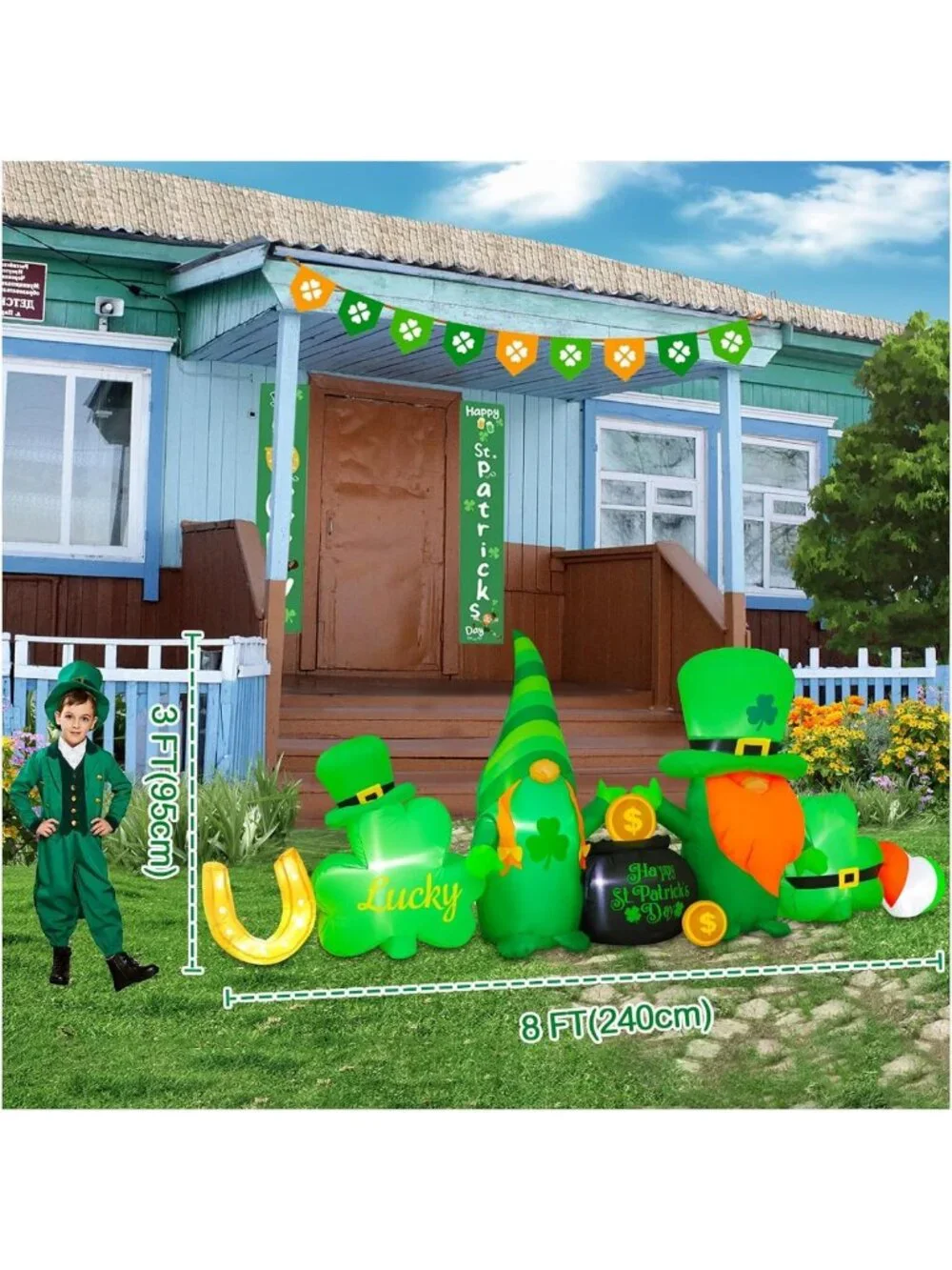 8FT St. Patrick's Day Inflatable Decorations - Leprechaun, Shamrocks & LED